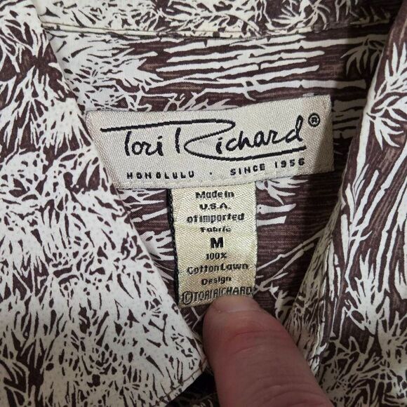 TORI RICHARD HAWAIIAN CAMP SHIRT COTTON BROWN CREAM WOODBLOCK STYLE MENS MEDIUM - Picture 2 of 5